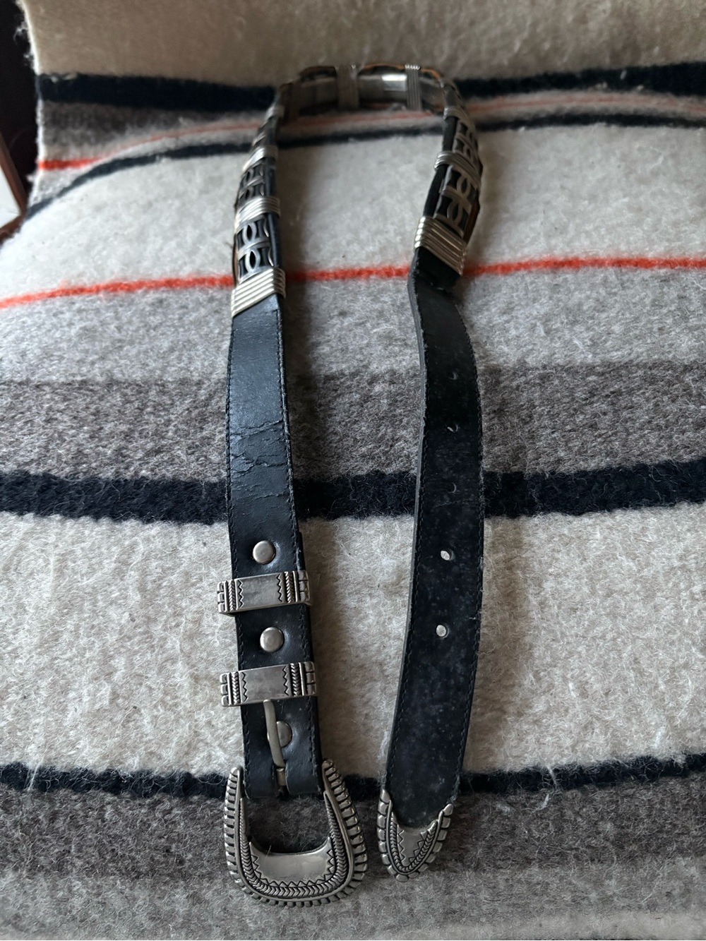 Western Boho Vintage Black Leather Ranger Belt Engraved Silver Buckle